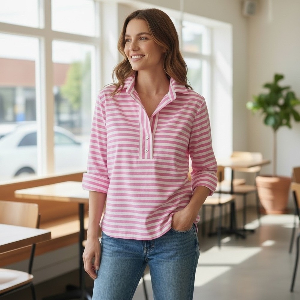 Aileen Pale Pink 100% Cotton White Stripe Quiet Luxury Pullover Shirt 6